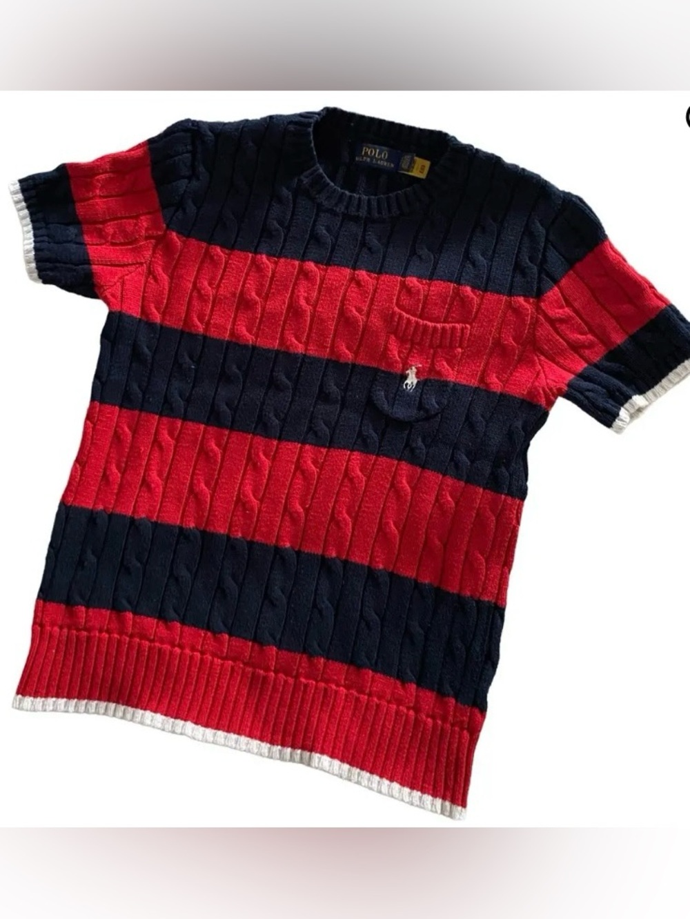 Polo by Ralph Lauren Red and Navy Striped Cable Knit Short Sleeve Sweater